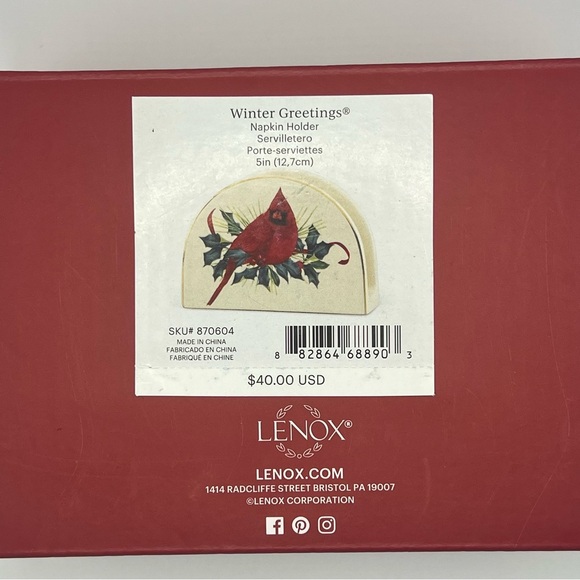 Lenox Winter Greetings Napkin Holder RED CARDINAL Porcelain NEW OPEN BOX - Picture 6 of 10